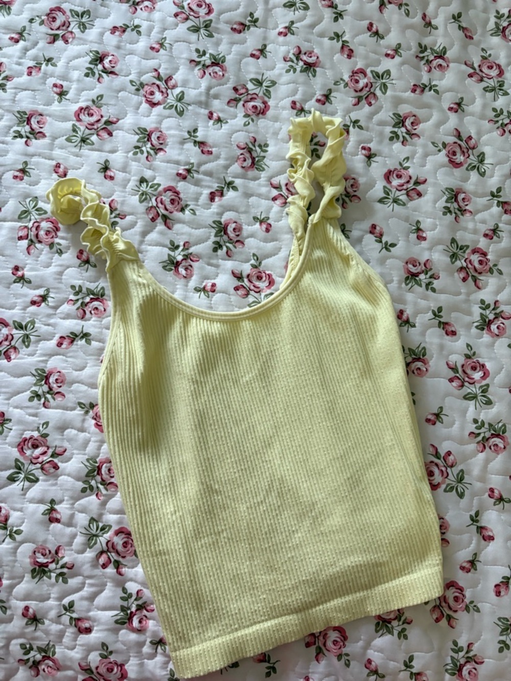 Pink Rose Pale Yellow Ribbed Ruffle Strap Tank